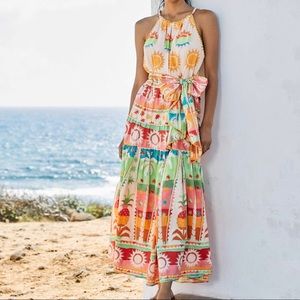 Farm Rio Sunset Halter Bow Maxi Dress